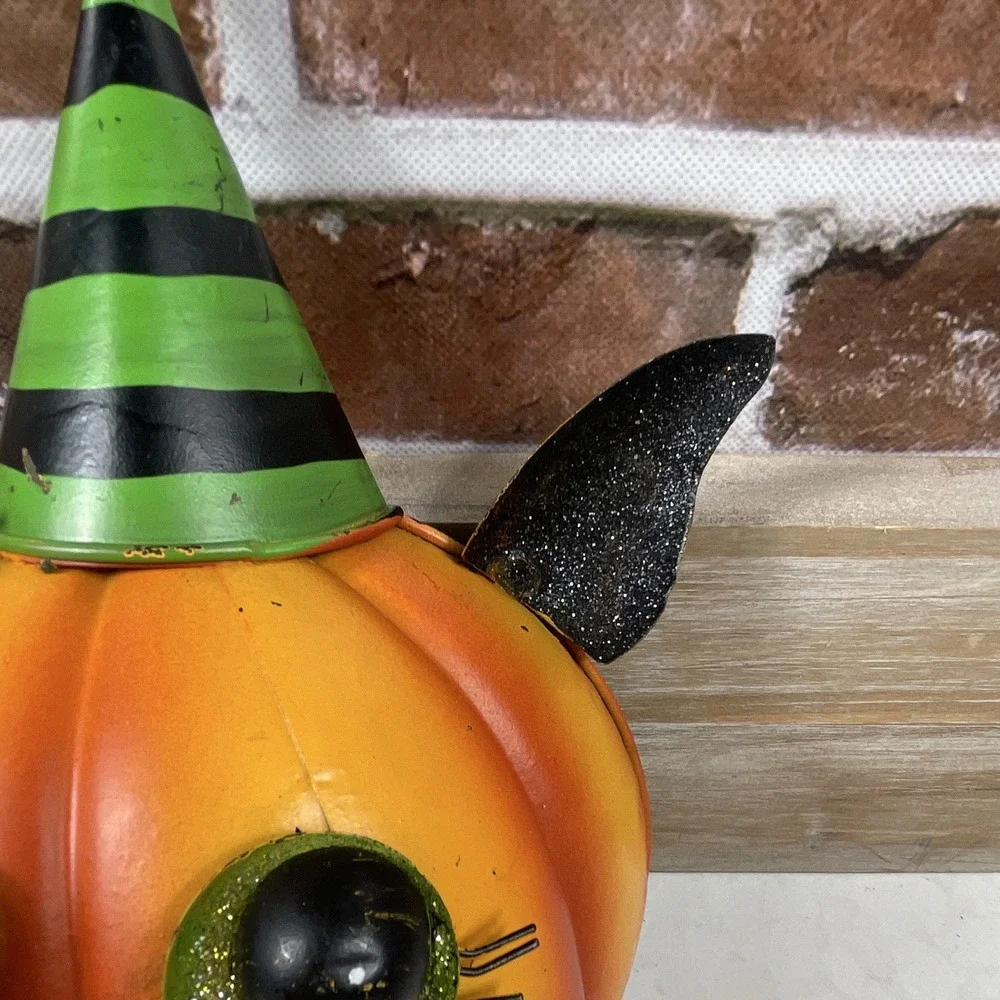 Halloween Cat Pumpkin Figurine Green Witch Hat Metal Painted 3D Effect